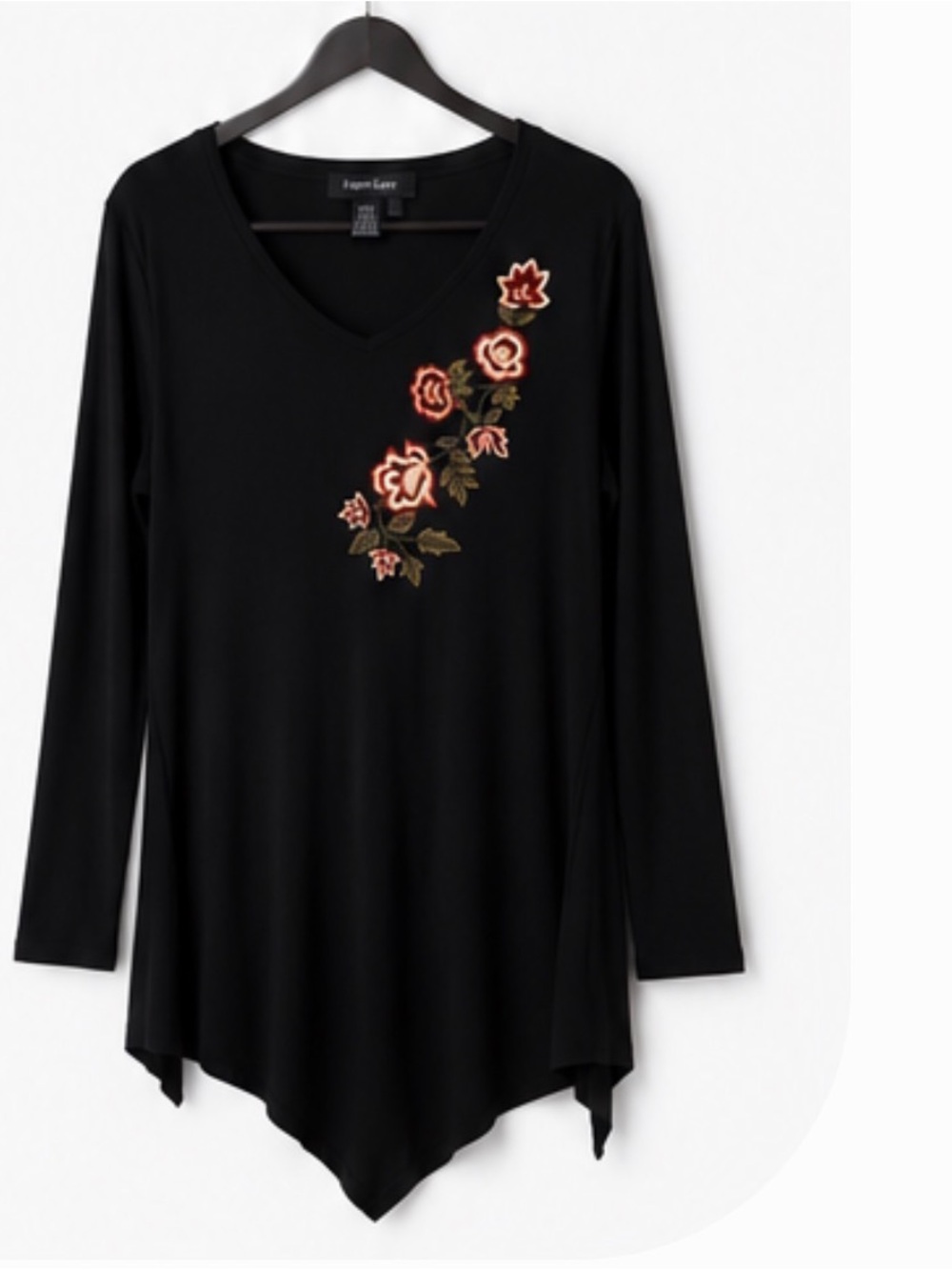Karen Kane Black V-Neck Long Sleeve Tunic Top with Floral Embroidery